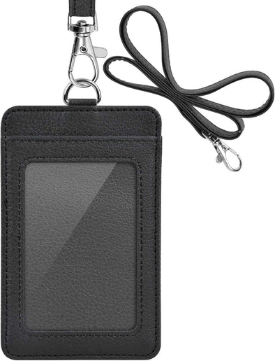 PU Leather ID Badge Holder,  ID Badge Holder with 1 Clear ID Window 1 Credit Card Slot and PU Leather Lanyard for Badge Credit Cards College ID Cards in Black