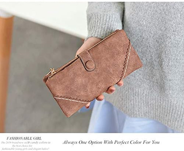 Women Vegan Leather Wallet Bifold Clutch Large Capacity Card Organizer Buckle Long Purse for Girls Candy Color