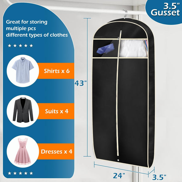 43" Gusseted Travel Garment Bag with Accessories Zipper Pocket Breathable Suit Garment Cover for Shirts Dresses Coats, Black