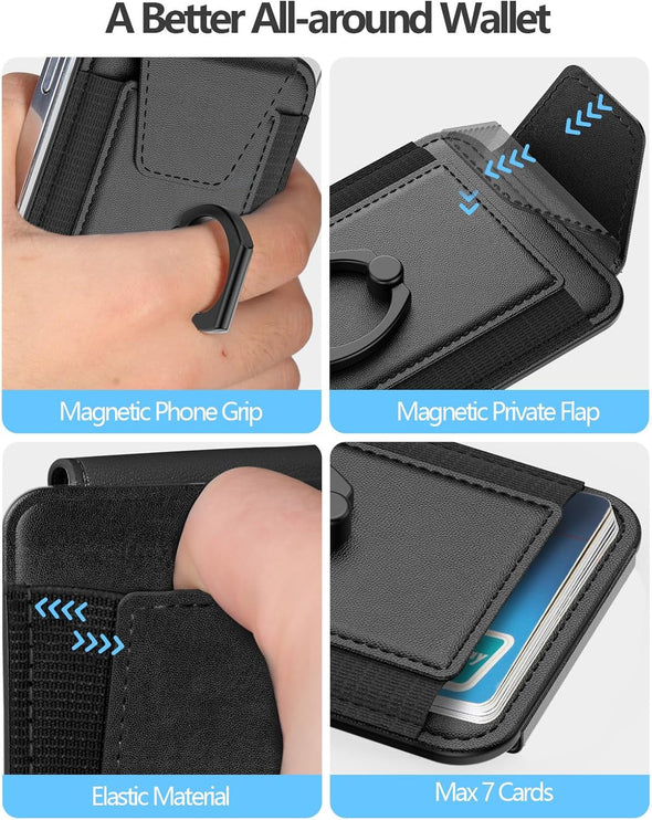 For Magsafe Wallet with Grip, 6-Card Holder, Stronger Magnetic Card Wallet Holder for Iphone 16/15, Iphone 14/13/12 Series, Leather Magnetic Phone Wallet with Pravcy Flap, RFID Blocking, Black