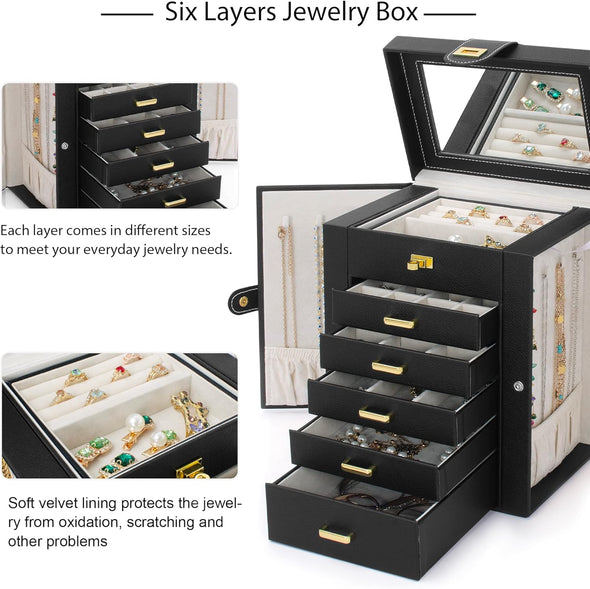 Jewelry Box Organizer Functional Leather Jewelry Storage Case for Women Girls Ring Necklace Earring Bracelet Holder Organizer with Mirror Black