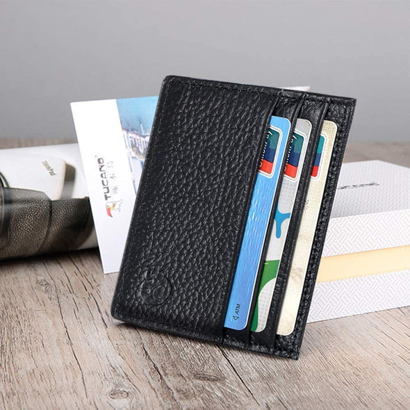 Credit Card Holder Wallet, RFID Blocking Leather Ultra Slim Wallet, Thin Minimalist Credit Card Case Card Protector, Front Pocket Wallets for Men, Women - 6 Card Slots and 1 Pockets (Black)