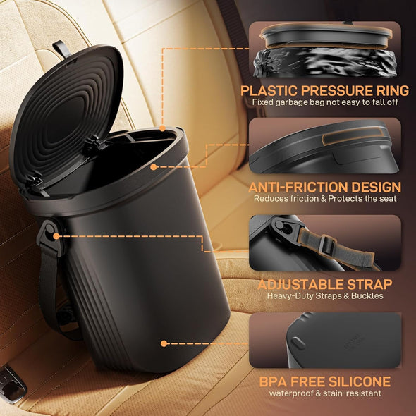 Trash Can for Car Garbage: Leakproof Silicone Car Waste Bin W/Lid for Drivers and Passengers; 1.9 Gallon Sturdy Garbage Container for Vehicle, Sedan, SUV, Van, MPV & Truck(Black)