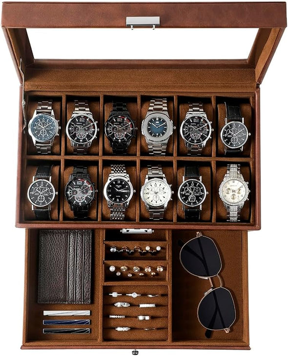 Watch Box, 12 Slot Watch Case, Watch Cases for Men with Real Glass Lid, Synthetic Leather Watch Organizer Storage with Jewelry Case, Birthday for Men and Women, Brown