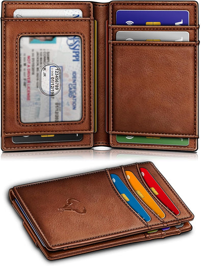 Magnetic Closure Slim Wallet-Genuine Leather Front Pocket Wallet for Men,Rfid Blocking,Holds 12 Cards and Money Clip