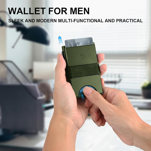 Slim Wallet for Men, Minimalist Wallet for Men,Pop up Wallet, Metal Wallet, RFID Blocking Mens Wallets with Expandable Backplate & Cash Band, Holds 12+ Cards plus Cash, Green