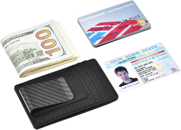 Money Clip Carbon Fiber RFID Blocking Front Pocket Leather ID Credit Card Holder Wallet for Men Black