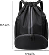 Black Drawstring Gym Bag for Men, Waterproof Drawstring Backpack for Women, Swim Bag with Shoes Compartment, Pull String Sport Bag for Soccer and Basketball.