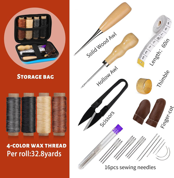 Leather Sewing Kit, Leather Stitching Kit, Leather Working Kit with Leather Needles, Sewing Awl, Waxed Thread, Leather Upholstery Repair Kit, Sewing Tools for Hand Stitching DIY Leather Craft