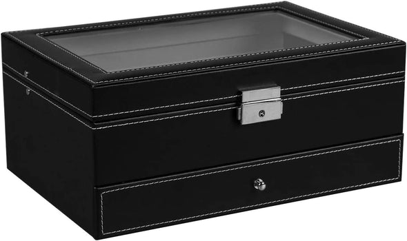 12 Slot PU Leather Lockable Watch Storage Boxes, Men & Women Jewelry Display Drawer Case, 2-Tier Organizer Watch Showcase with Glass Lid (Black)