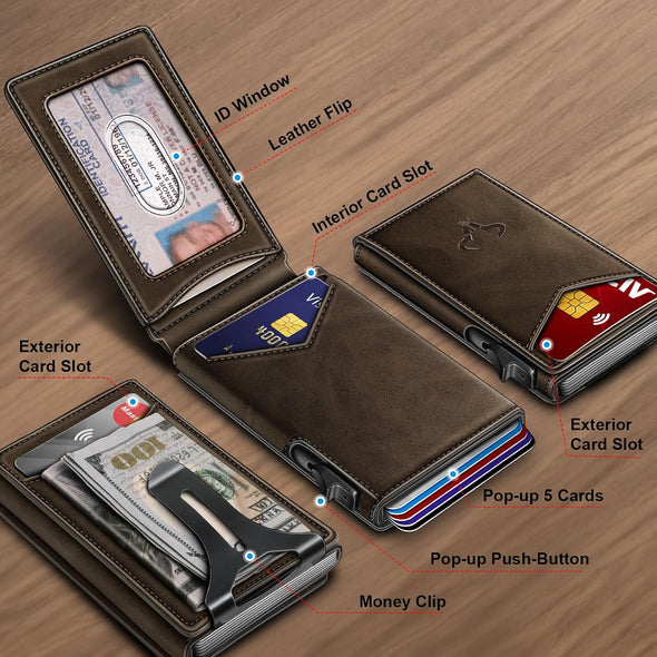 Men Wallet,Money Clip Wallet Slim for Gift Men 9Cards-Metal Credit Card Case in Magnetic Leather Flip