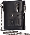 Mens Wallet with Chain Genuine Leather Purse RFID Blocking Bifold Double Zipper Coin Pocket with Anti-Theft Chain