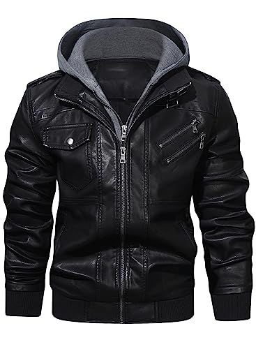 HOOD CREW Men’s Casual PU Leather Zip-Up Motorcycle Bomber Jacket