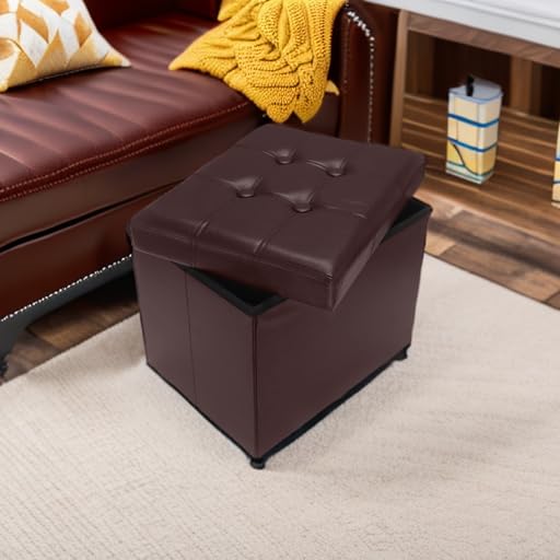 AmasSmile Storage Ottoman, 17 inch Folding Leather Foot stool - Brown