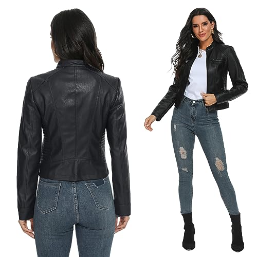 Fahsyee Black Leather Jackets for Women PU Motorcycle Biker Coat