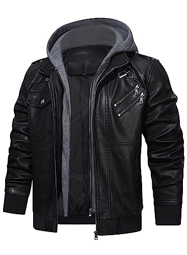 HOOD CREW Men’s Casual PU Leather Zip-Up Motorcycle Bomber Jacket