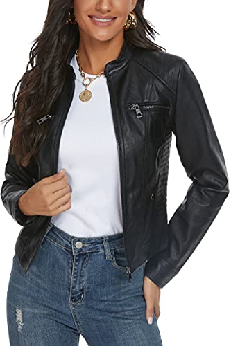 Fahsyee Black Leather Jackets for Women PU Motorcycle Biker Coat