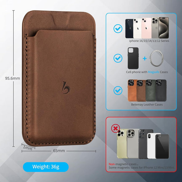 Strong Magnetic Wallet Compatible with Magsafe, Minimal Card Holder for 1-2 Cards, Premium Crazy Horse Leather Superb Grip Compatible with Iphone 16/15/14/13/12 Series and Magsafe Cases, Brown