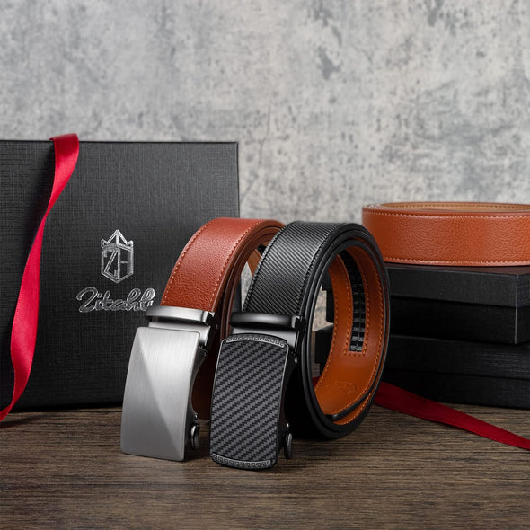 Ratchet Belt for Men - Mens Belt Leather 2 Packs with 1 3/8" Brown Black Belt in Gift Set Box - Micro Adjustable Belt