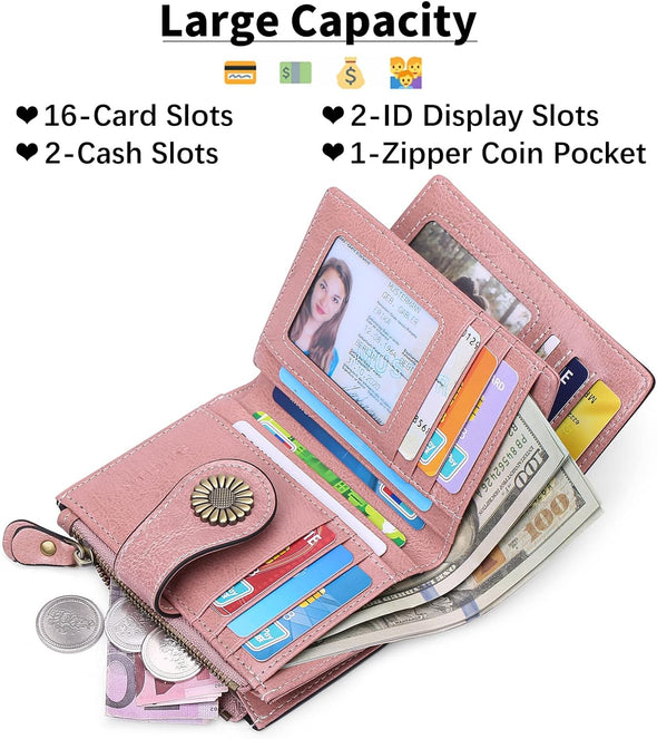 Small Womens Wallet Leather Bifold Card Holder RFID Blocking with Zipper Coin Pocket