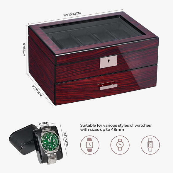 Watch Box 20 Slot Watch Cases for Men with Large Glass Lid 2-Tier Watch Display Case Lockable Wooden Watch Organizer Christmas Gift Luxurious Watch Holder for Women UJWB002Y