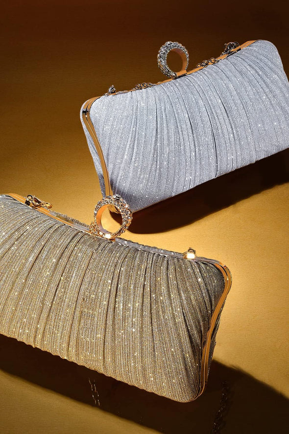 Womens Golden Glitter Clutch Purse Pleated Evening Bag for Bridal Wedding Party with Rhinestone Ring