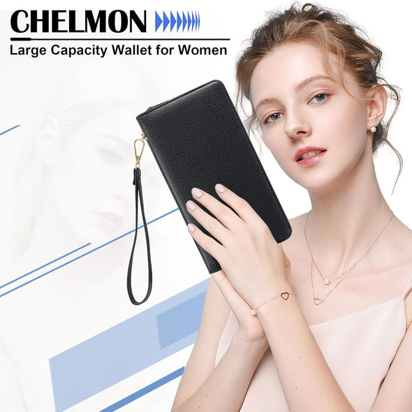 Women'S Wallet RFID Blocking Long Clutch Zip around Travel Leather Purse Large Capacity Credit Card Holder with Grip Hand Strap