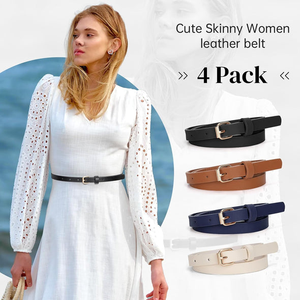 4 Pack Skinny Women Leather Belt for Dresses Thin Waist Belt for Jeans Pants with Gold Buckle