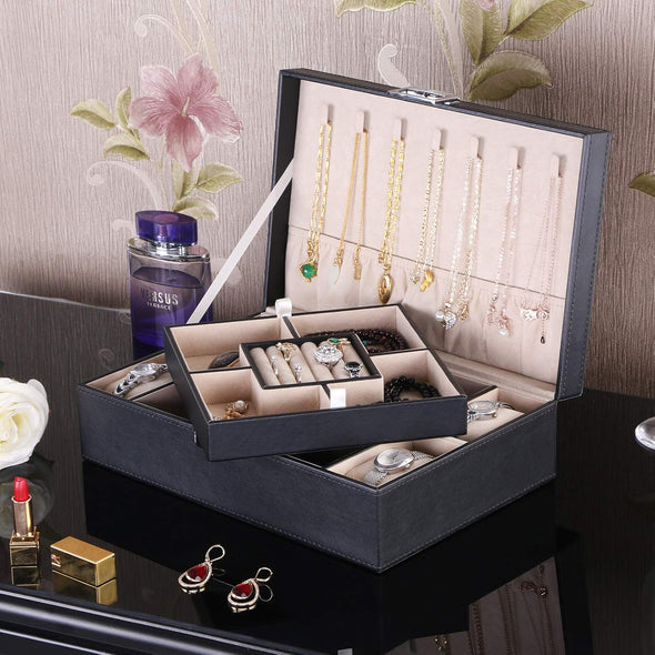 Mens Jewelry Box, Jewelry Organizer with 4 Watch Case Removable Tray, Jewelry Storage Case for Necklace, Earring Ring Bracelet, PU Leather, Velvet Lining Black SSH07B