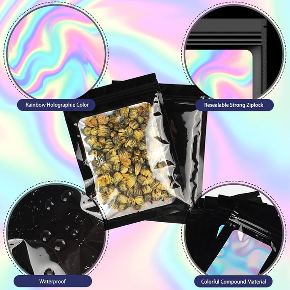 120 PCS Smell Proof Mylar Bags Resealable Holographic Packaging Pouch with Clear Window for Food Eyelash Jewelry Candy Electronics Storage, 4 Sizes (Black) (BLACK)