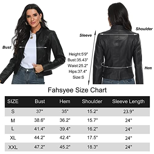 Fahsyee Black Leather Jackets for Women PU Motorcycle Biker Coat