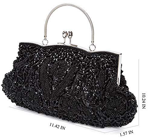 Simcat Beaded Sequin Design Flower Evening Purse Large Clutch Bag (Black)