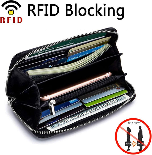 Womens Wallet RFID Blocking Genuine Leather Zip around Wallet Clutch Wristlet Travel Long Purse for Women