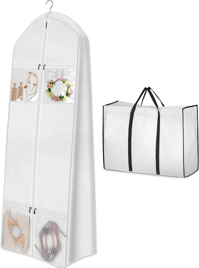 Portable 70" Wedding Dress Garment Bag with Bride Tote Bag 8'' Gusseted Dress Bags for Gowns Long 4 Pockets Dress Cover for Women, White