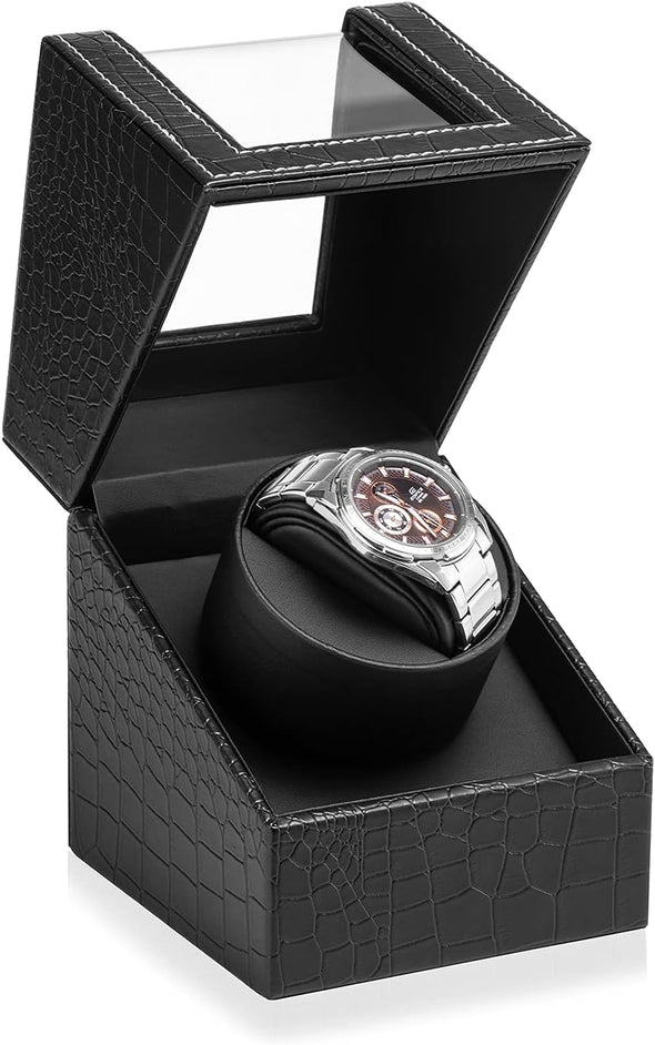 Automatic Single Watch Winder in Black Crocodile Pattern Leather with Japanese Quiet Motor，Ac Adapter or Battery Powered