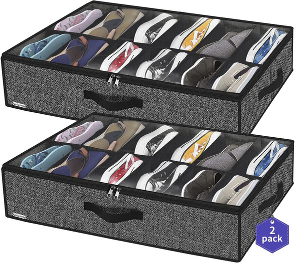 Sturdy under Bed Shoe Storage Organizer, Set of 2, Fit 12 to 24 Pairs, Underbed Shoes Closet Storage Solution with Clear Window, Breathable, L29.3"X W23.6"X H5.9", Linen-Like Black, MXAUBSB2P