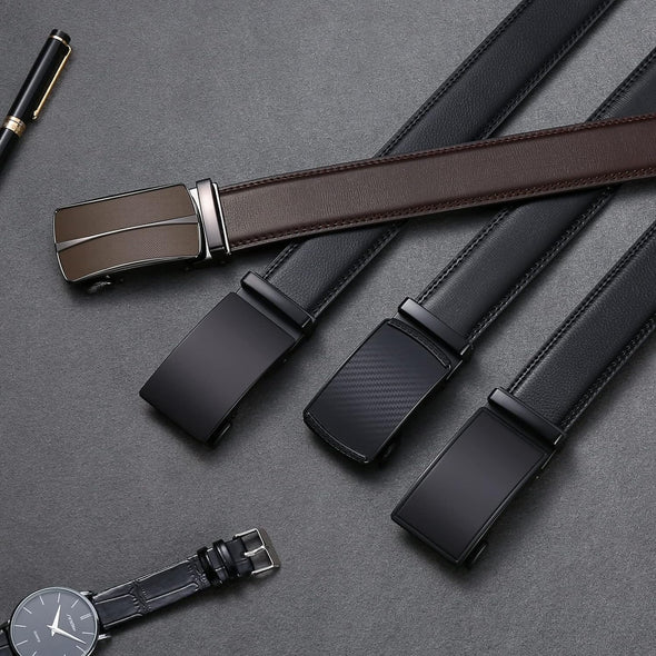 Men'S Leather Belt Automatic Ratchet Buckle Slide Belt for Dress Casual Trim to Fit with Gift Box