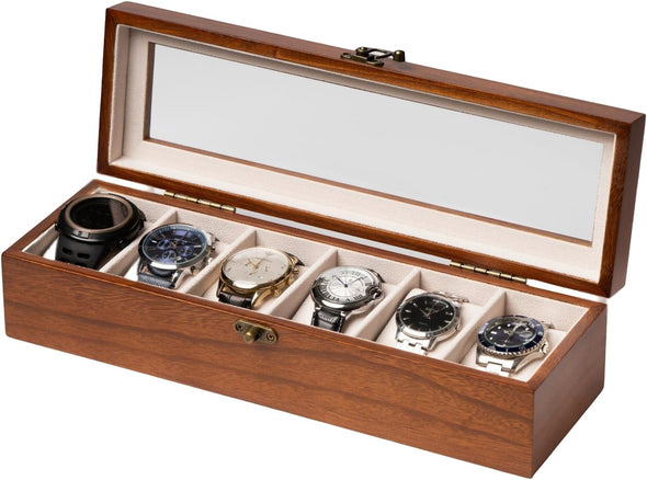 Watch Box, Watch Case for Men Women with Large Glass Lid, Wooden Watch Display Storage Box with 6 - Slots, Walnut Mens Watch Box Organizer