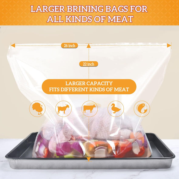 Turkey Brining Bags, 26"×22", 2 Pack, Double Zip Lock Thicker Brine Bags with 2 Cotton Strings, Extra Large Brining Bag Fits for Turkey, Chicken, Beef, Fish, Lamb, Pork, Holds up to 35LB