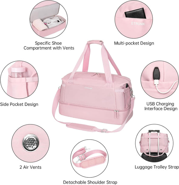 Gym Bag for Women, Personal Item Travel Bag with Shoes Compartment, Weekender Overnight Duffel Bag with Wet Pocket & USB Charging Port, Carry on Bag for Women, Travel, Gym, Weekend (Pink)