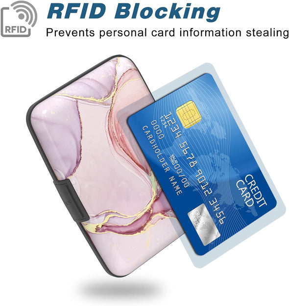 Credit Card Holder, Mini Aluminum Card Wallet RFID Blocking Slim Metal Hard Card Case for Women Men, Pink Marble