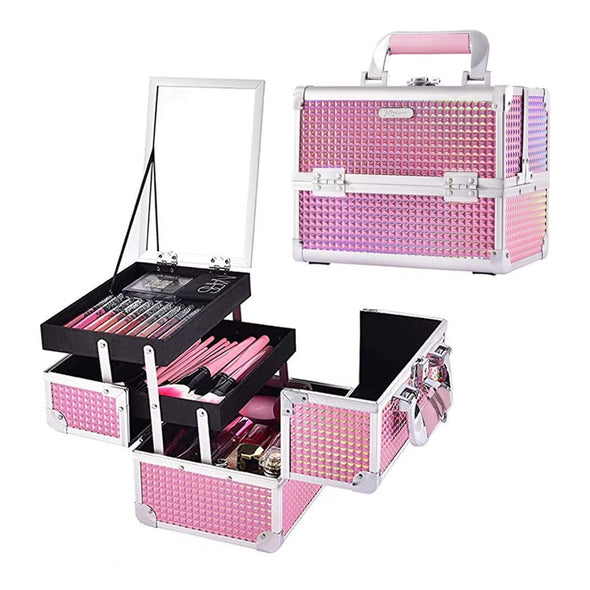 Makeup Train Case Cosmetic Box Portable Makeup Case Organizer 2 Trays Makeup Storage with Mirror Locking for Cosmetologist Aesthetic Supplies Nail Tech Traveling Makeup Box Mermaid Pink