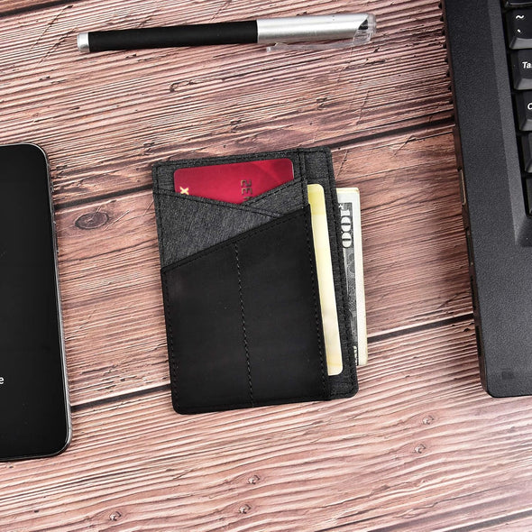 Slim Wallet RFID Front Pocket Wallet Minimalist Secure Thin Credit Card Holder (Black Leather and Grey Cloth)