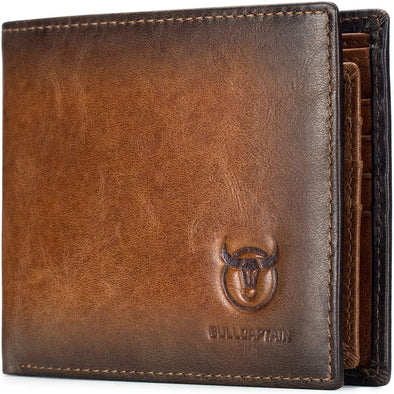 RFID Wallets for Men Slim Bifold Genuine Leather Front Pocket Wallet with 2 ID Windows QB-05 (Brown)