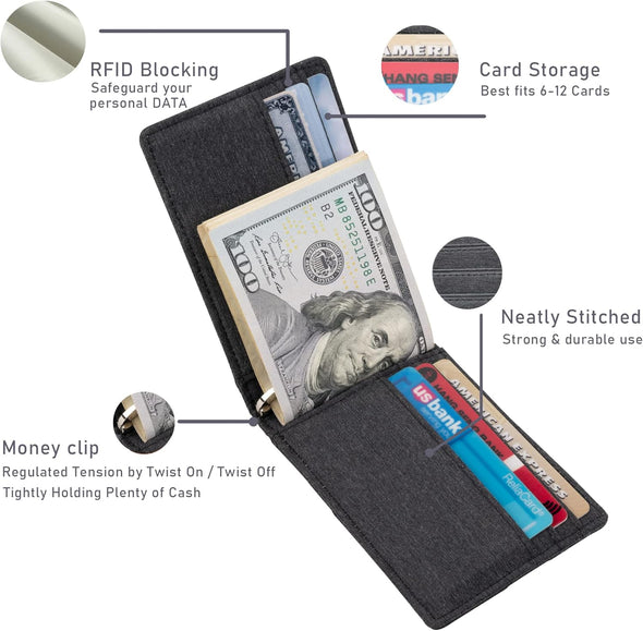 Slim Wallet with Money Clip RFID Blocking Minimalist Bifold Wallet for Men Genuine Leather Front Pocket Card Holder