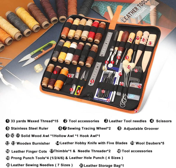 Leather Working Tools, Leather Tool Kit, Practical Leather Craft Kit with Waxed Thread Groover Awl Stitching Punch Hole for Leathercraft Beginner or Adults Gifts - Comes with Tool Manual