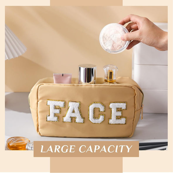 4 Pcs Nylon Cosmetic Bag Travel Organizer Chenille Letter Makeup Pouch Zipper Preppy Waterproof Hair Bag Toiletry Pouch for Women Girls(Light Brown, Beige, Light Pink, White)