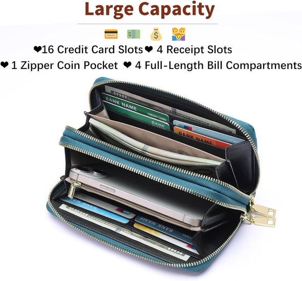 Women'S Wallet Large Capacity Double Zip around Credit Card Holder Leather Ladies Wallet with RFID Blocking Phone Wristlet Purse Teal