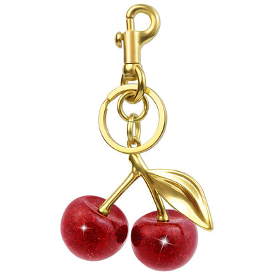 Quadafy 18K Gold Cherry Keychain, Cherry Bag Charm Made of Glitter Resin