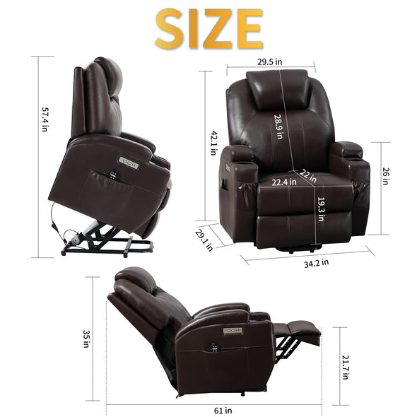 Trustyue Power Lift Leather Recliner Chair with Massage & Heat, Standing Assistance, USB & Type-C Ports, Cup Holders